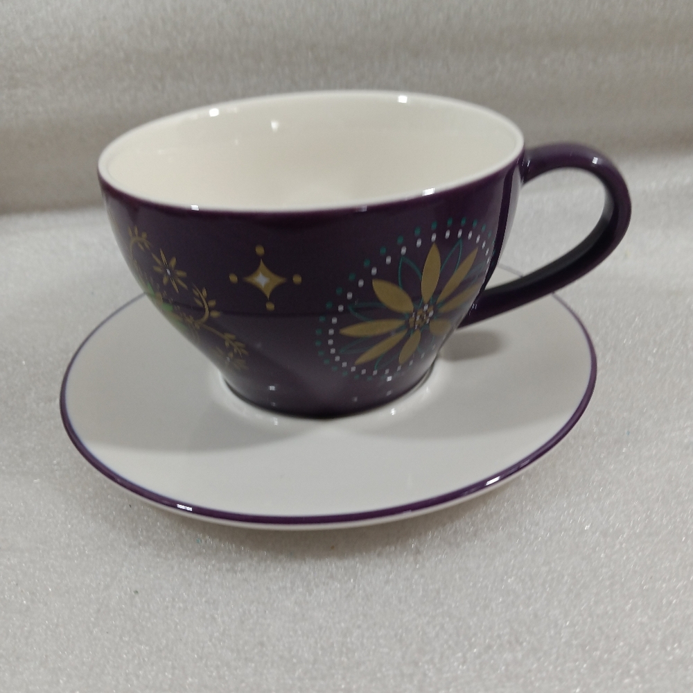 Starbucks 12 Oz Purple Gold Stars Coffee Mug Tea Cup With Saucer Holiday 2006